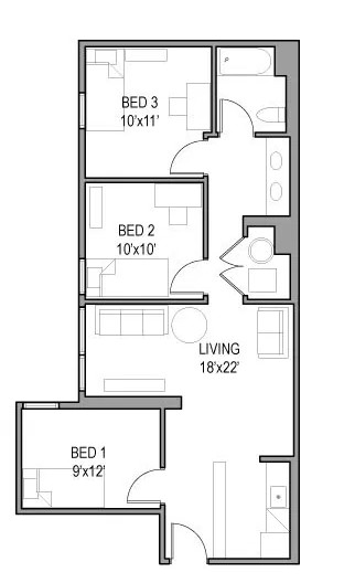 Modelos: 06, 13Esta disposición de primera calidad, tiene un lavabo doble y una amplia zona de estar - no durará mucho: ¡885 dólares por habitación al mes!