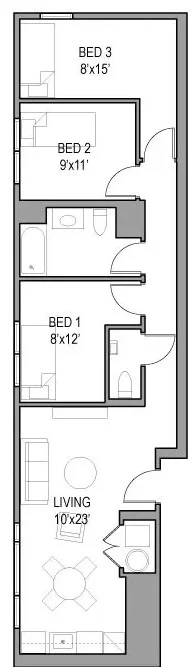 Model: 16 This unique unit has three bedroom and two bathrooms: $880 per bedroom per month!