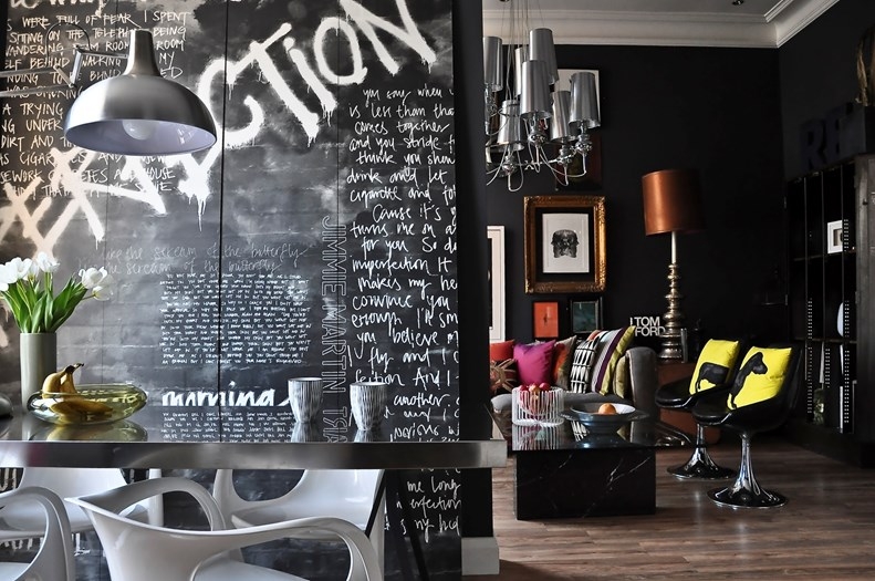 Jimmie old London flat featuring his beautiful imperfection graffiti wallpaper and sausage dog cushions - can you believe that this place was rented and used to be painted top to bottom in Magnolia ?