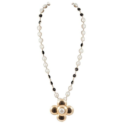 Joyous Yves Saint Laurent 'daisy' pearl,gilt and black glass pendant, 1980s