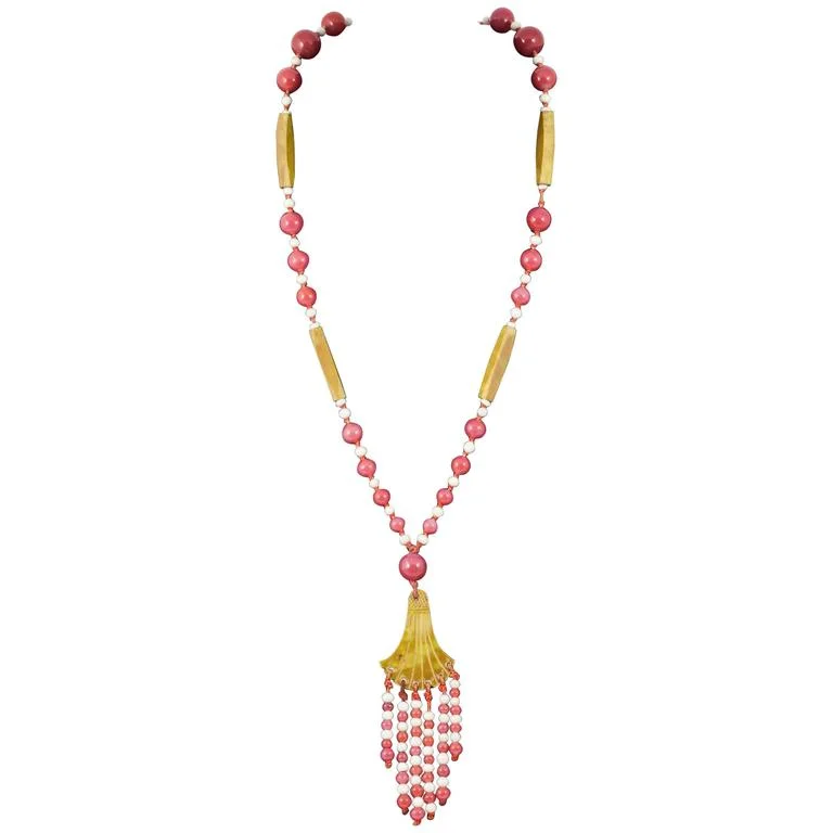 Striking French 1920s Galalith and glass flapper necklace