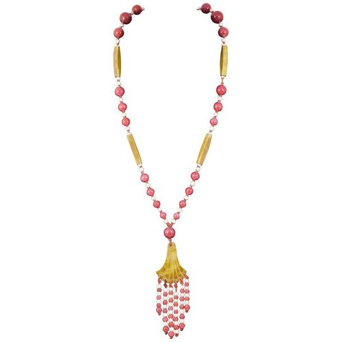 Striking French 1920s Galalith and glass flapper necklace