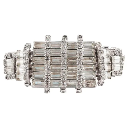 Wonderfully architectural rhodium plated rhinestone cocktail bracelet, 1950s