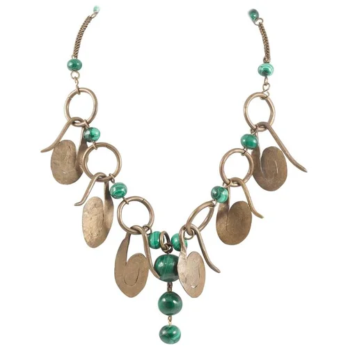 Boho handmade brass and malachite necklace, 1960s
