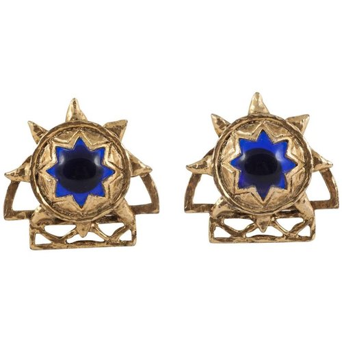 Blue glass cabochon and rusticated gilt earrings, Claire Deve, 1980s