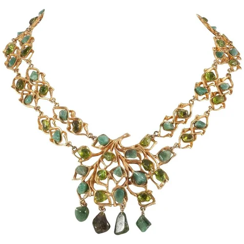 Unsigned Swoboda 1960s jade, peridot and 24k gilt organic necklace.