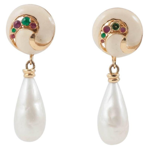 Late 1950s Enamel and faux pearl drop earrings by Hattie Carnegie USA