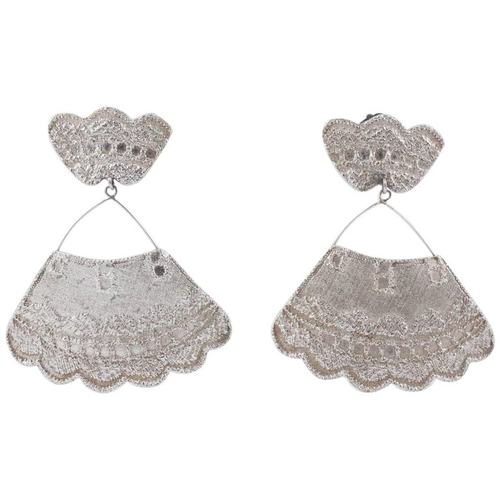 Silver plated kinetic drop earrings with lace like design, Mosell U.S.A. 1950s