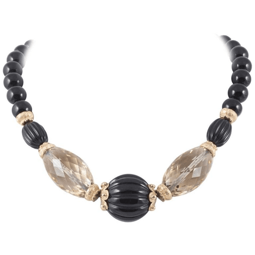 Carved onyx and citrine beaded necklace with silver gilt clasp and beads, 1980s