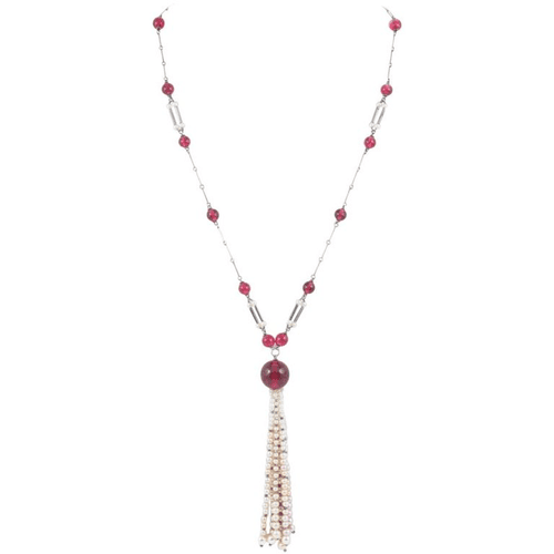 Art Deco cranberry glass and pearl sautoir, with unmarked silver links.