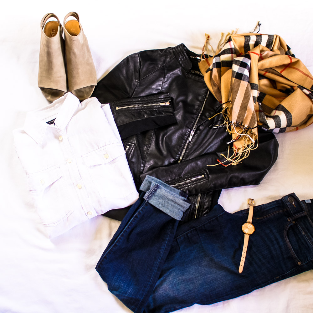 White Linen Shirt (Banana Republic), Denim Skinnies (Banana Republic), Minus the Leather Jacket (Express), Plaid Blanket Scarf, Chunky Heeled Booties (Kenneth Cole Reaction), Watch (Kate Spade)