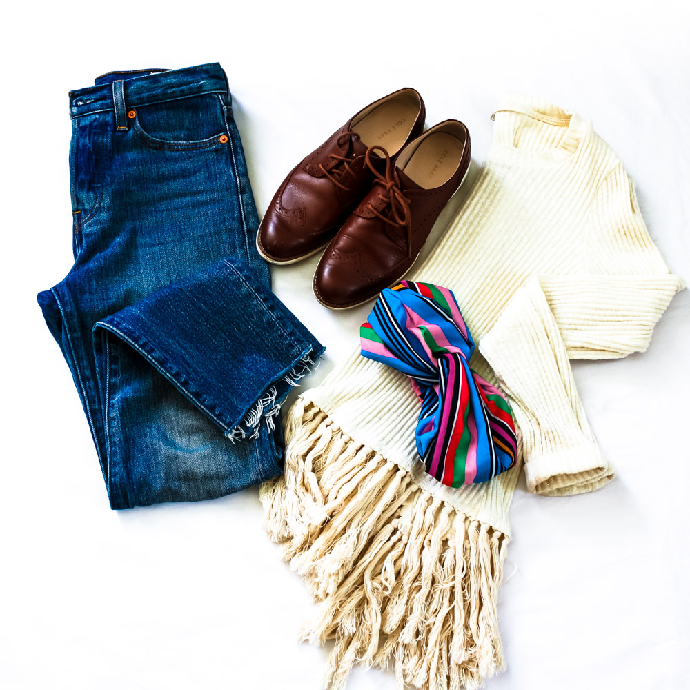 Fringe Top (Anthropologie), Jeans (Levi- Wedgie Fit), Shoes (Cole Haan), Head Scarf (Zara)