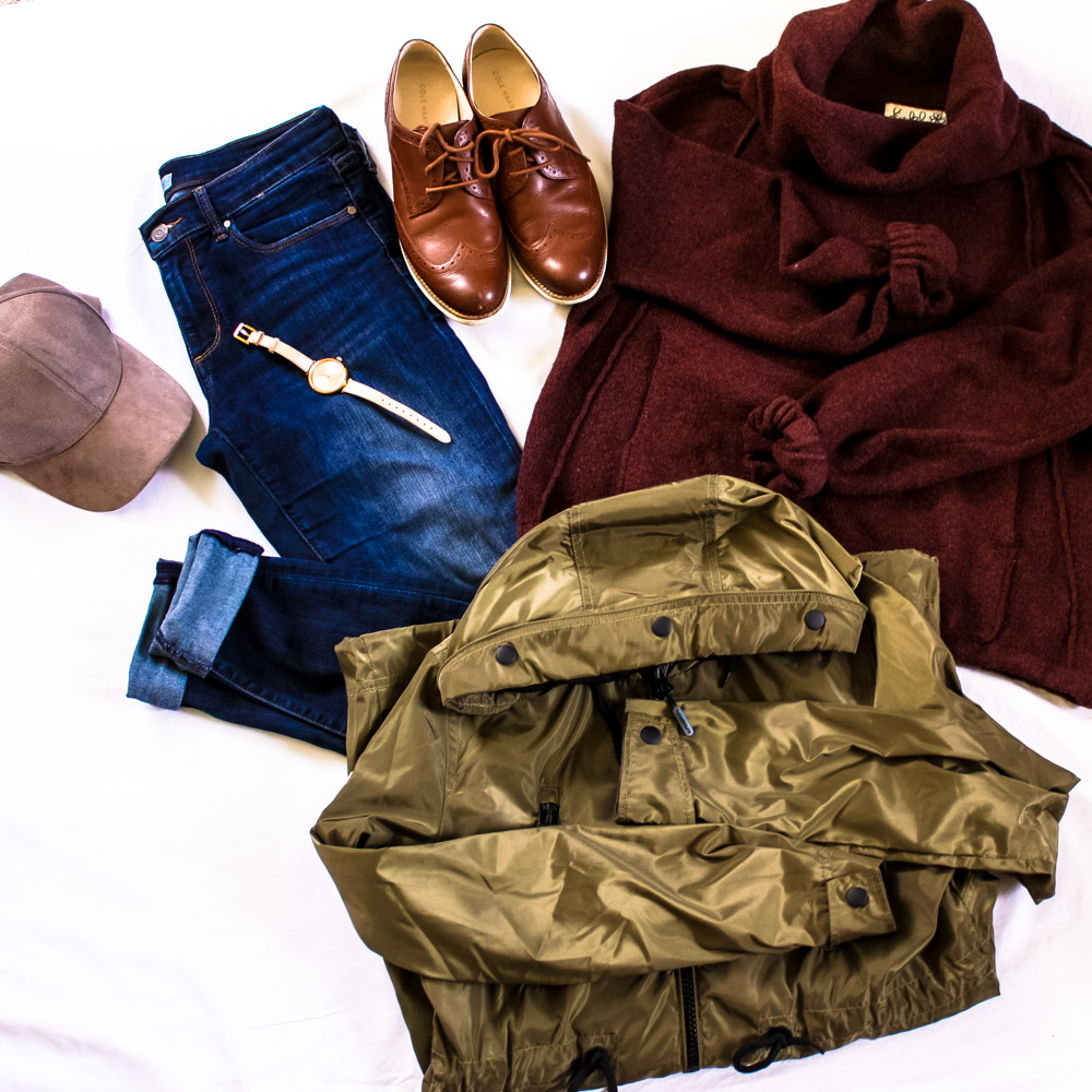 Sweater (Anthropologie), Jeans (Banana Republic), Shoes (Cole Haan), Rain Jacket (Super Dry), Hat (H&M), Watch (Kate Spade)