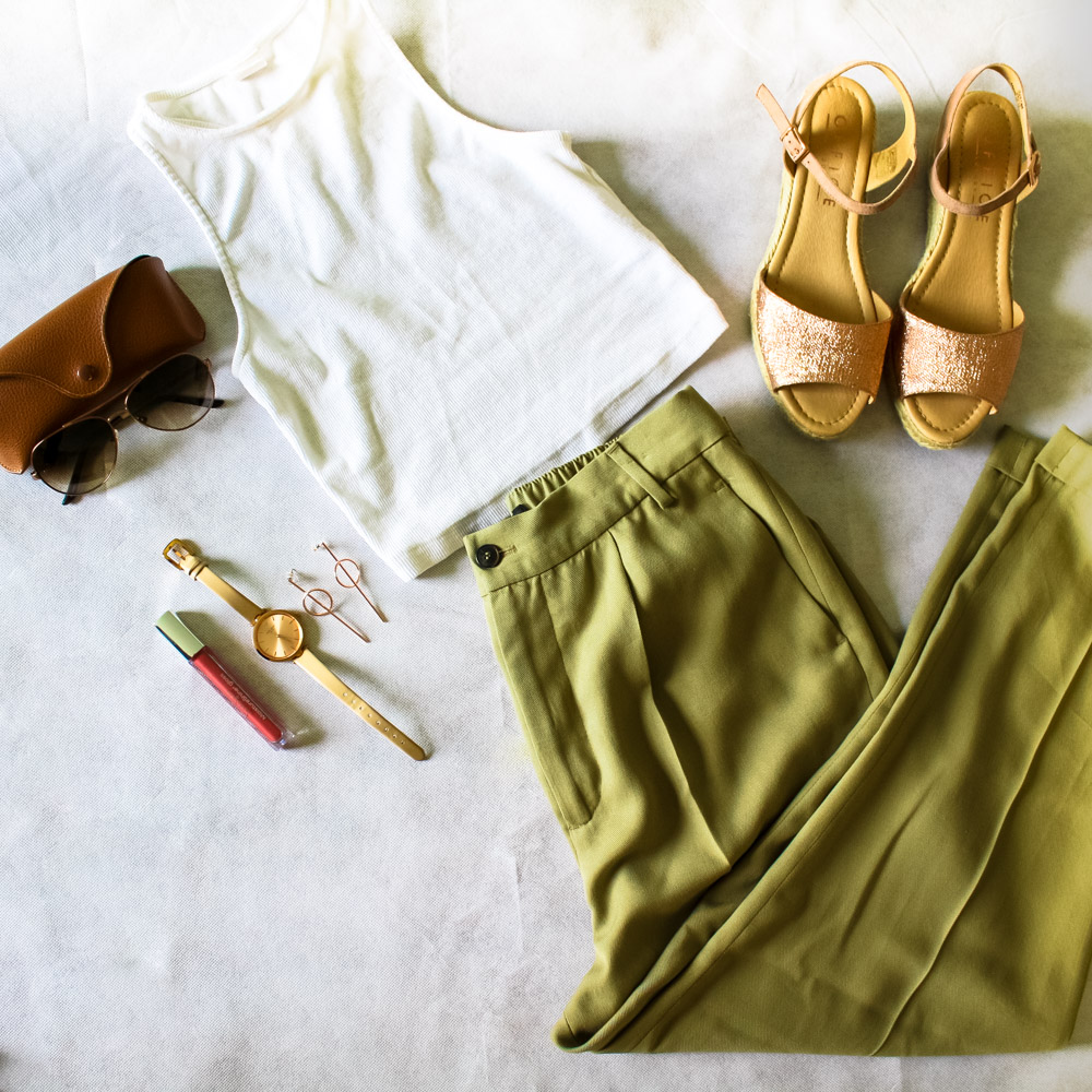 Crop Top- Nordstrom Rack, Wedge Sandals- The Office, Pants- Zara, Watch- Kate Spade, Sunglasses- Kate Spade, Earrings- Lilac Rose, Lipgloss- Neutrogena