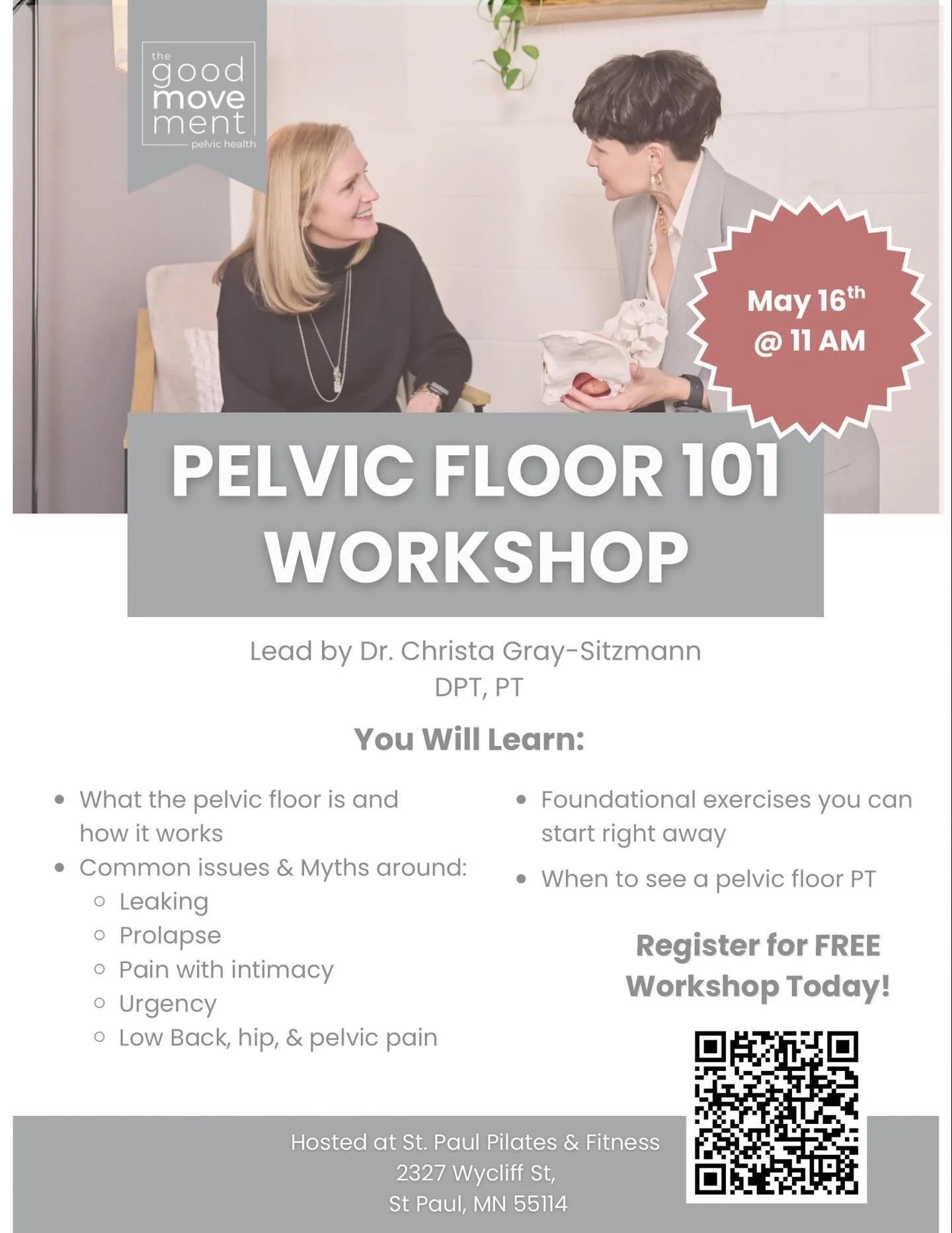 I&rsquo;m partnering with @sppilatesfit to run a Pelvic Floor Workshop on May 16. 

This is a great opportunity to grab your bestie to learn more about your body. 

We will cover things like:
Pelvic Floor Anatomy
Debunk Common Myths
Discuss What Pelv