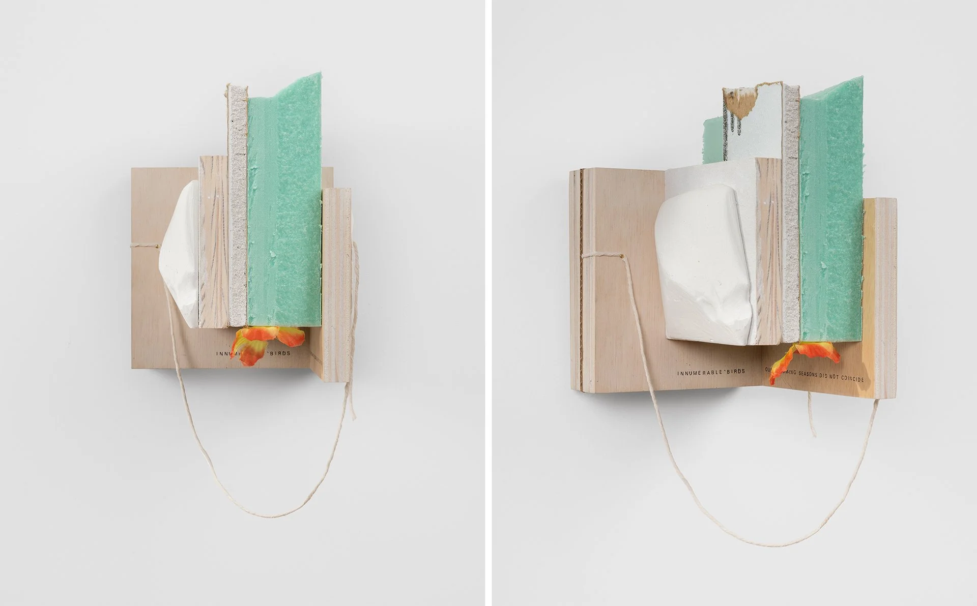    All the Birds of Paradise  , 2023 birch plywood, rigid foam insulation, drywall, plaster, string, hardware, petal from an artificial flower lei, dry transfer lettering 12”h x 7”w x 7”d 