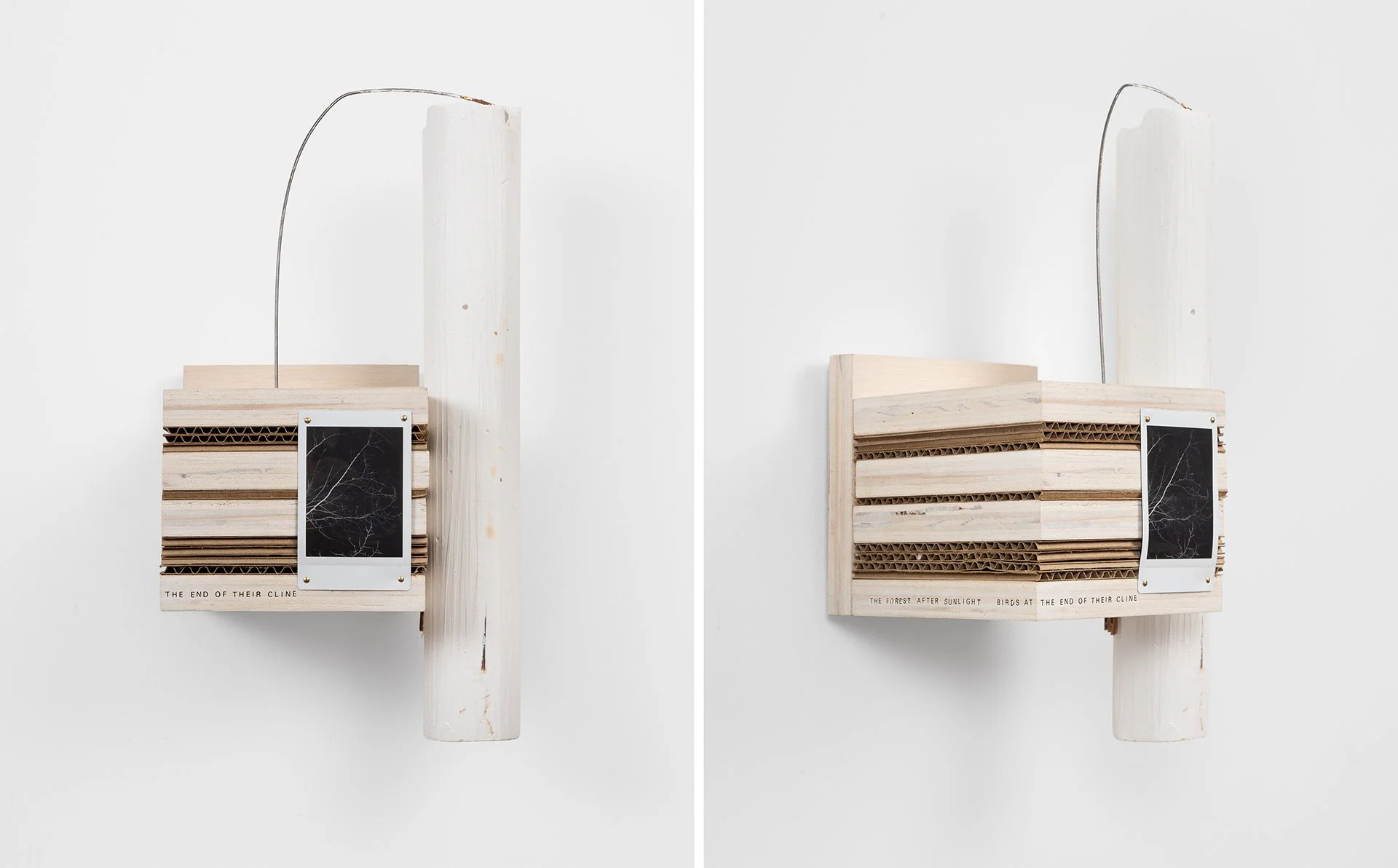    What Does The Sky Know?  , 2023 birch plywood, cardboard, plaster, wire, Polaroid, hardware, dry transfer lettering 13”h x 7”w x 6”d 