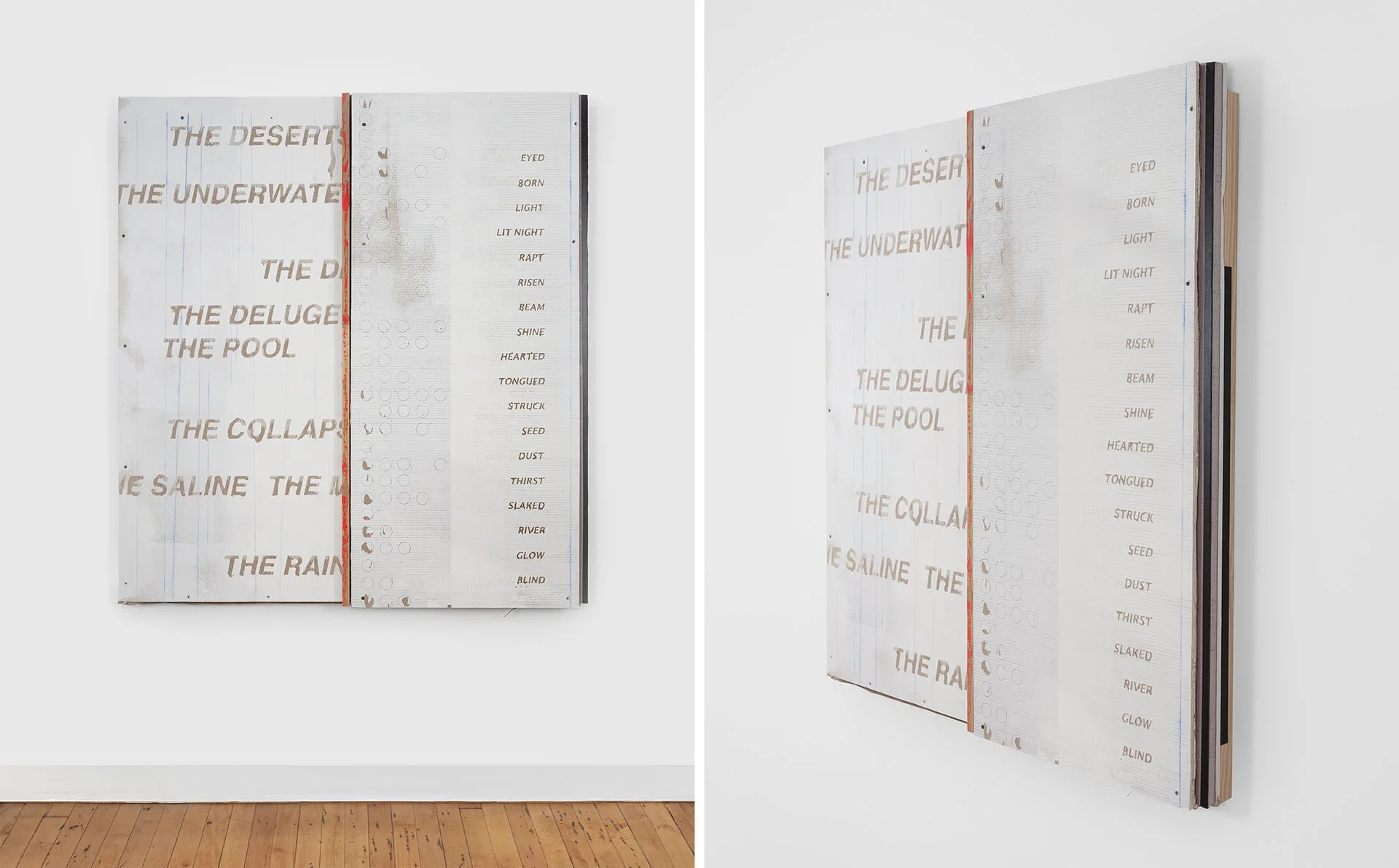    Moon Ladder  , 2023 drywall, dimensional lumber, builder’s chalk, marking paint, latex, pva primer, graphite, rigid foam insulation, roofing felt 52”h x 48”w x 4”d 