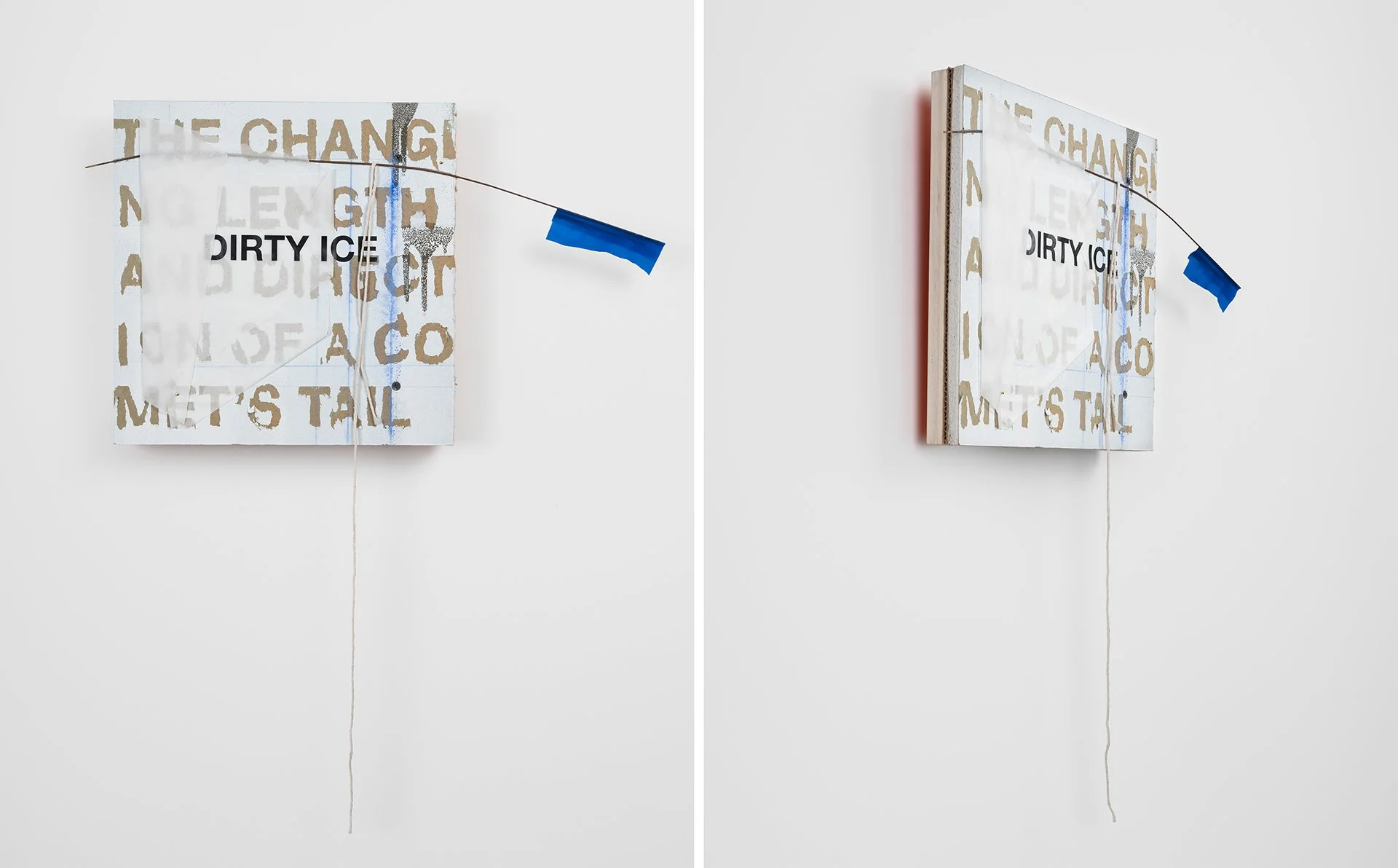    Small Holes in Still Water  , 2023 birch plywood, cardboard, drywall, wax, pva primer, drafting paper, locator flag, builder’s chalk, string, vinyl lettering 25”h x 21”w x 2.5”d 