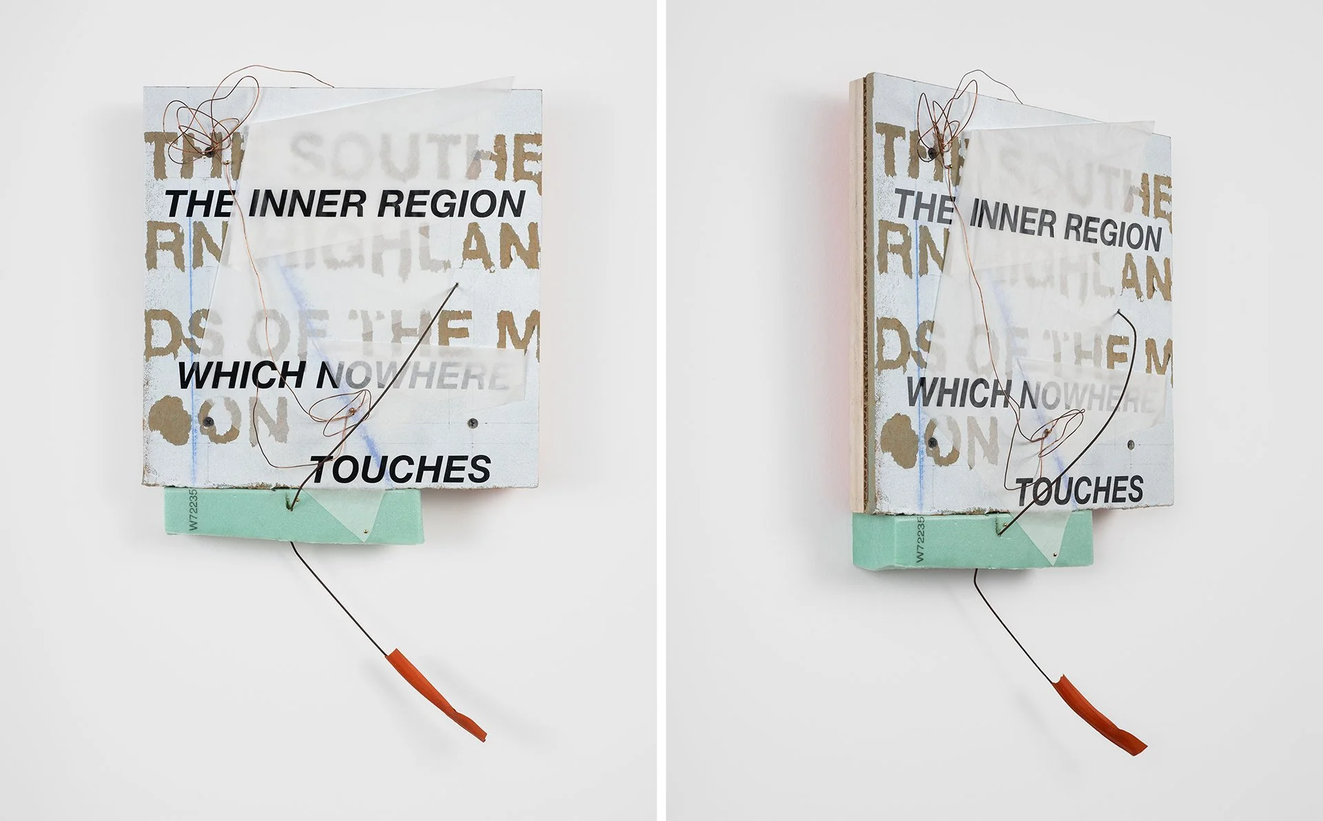    High Above Lake Como, Early Spring, the Cliffs Still Bare Like Desert  , 2023 birch plywood, cardboard, drywall, pva primer, rigid foam insulation, locator flag, copper wire, drafting paper, vinyl lettering 21”h x 12”w x 4”d 