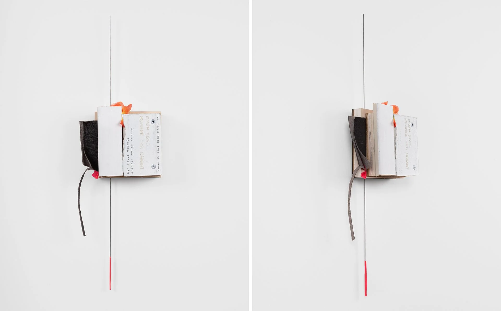    Event Score  , 2023 birch plywood, drywall, cardboard, leather, locator flags, artificial flower, pva primer, dry transfer lettering 21”h x 6”w x 3”d 