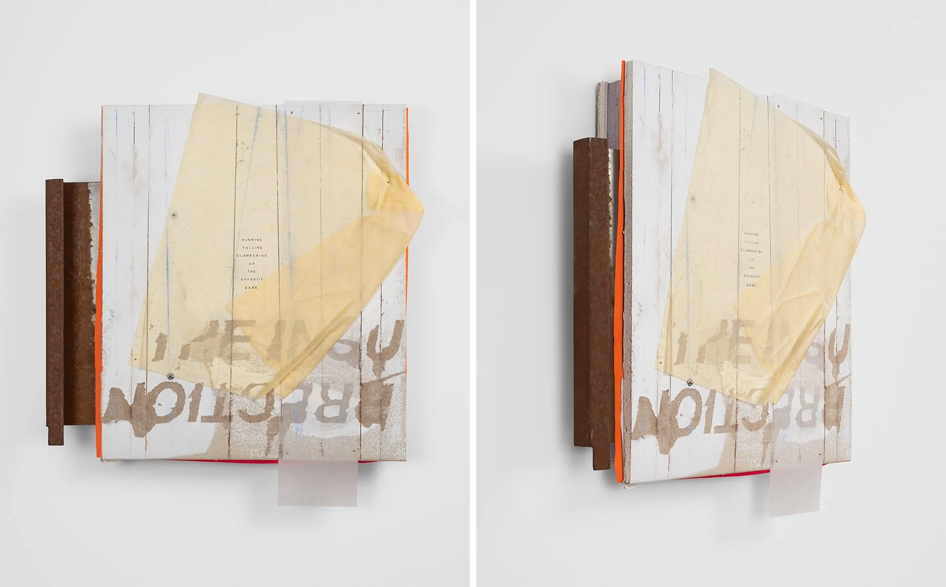    Third Space  , 2023 drywall, rigid foam insulation, nylon, pva primer, drafting paper, vellum, metal flashing, builder’s chalk, dry transfer lettering 20”h x 18”w x 3”d 