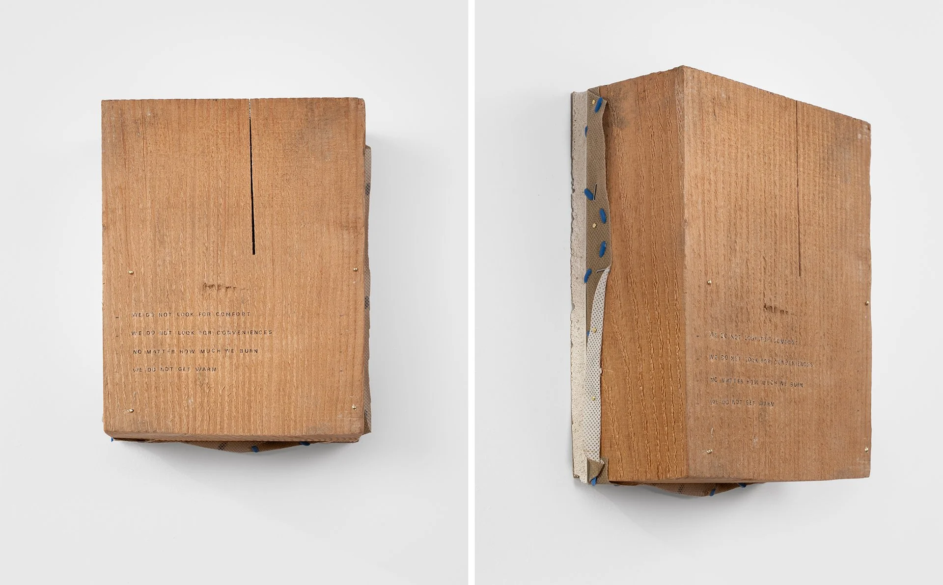    Morning Is Winter, Afternoon Is Winter Again  , 2023 timber beam, drywall, housewrap, hardware, dry transfer lettering 9.5”h x 7.5”w x 4”d 