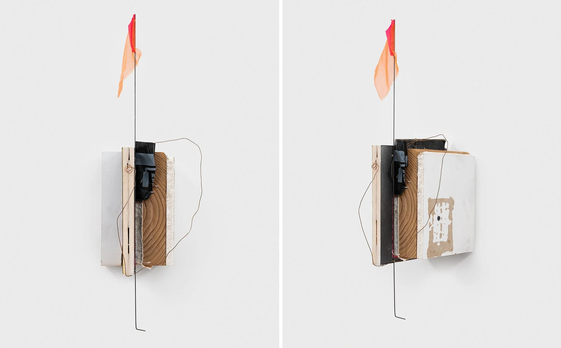    It Takes Time To Mend Something So Broken  , 2024 dimensional lumber, birch plywood, drywall, roofing felt, flashing tape, silk. locator flag, ripstop nylon, copper wire, staples, dry transfer lettering 20.5”h x 8”w x 9.5”d 