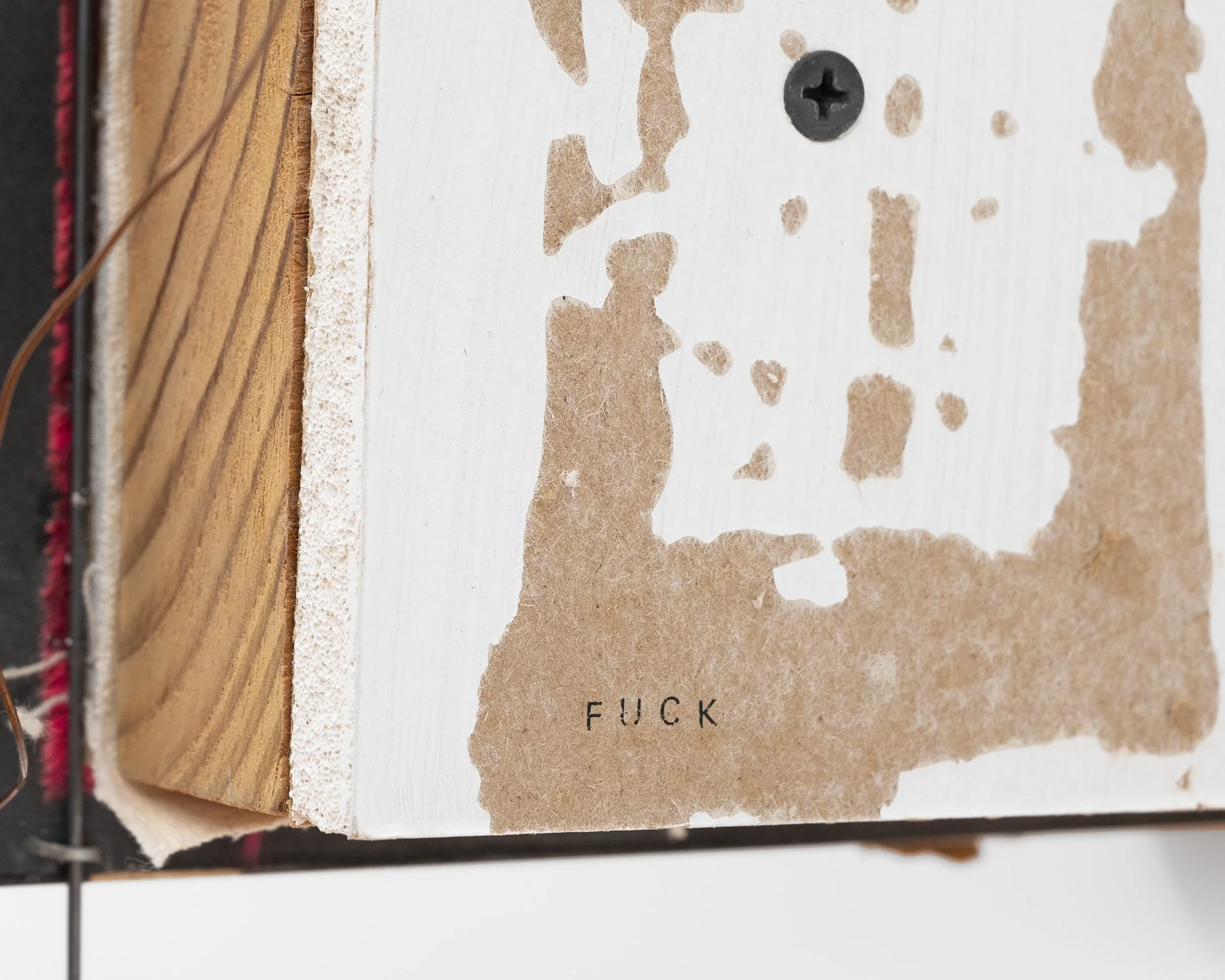    It Takes Time To Mend Something So Broken  , 2024 dimensional lumber, birch plywood, drywall, roofing felt, flashing tape, silk. locator flag, ripstop nylon, copper wire, staples, dry transfer lettering 20.5”h x 8”w x 9.5”d 