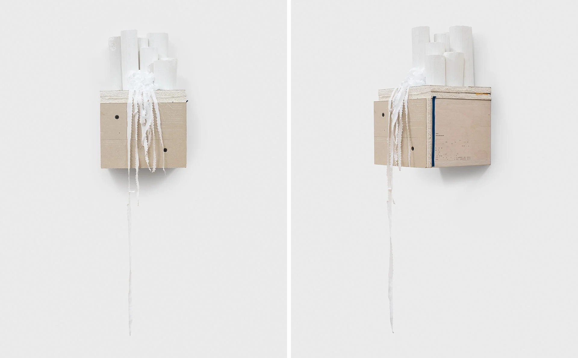    The Book of the City of Ladies  , 2024 baltic birch plywood, plaster, drywall, cloth, silk, builder's chalk, blue velvet, vinyl and dry transfer lettering 26”h x 7”w x 7”d 