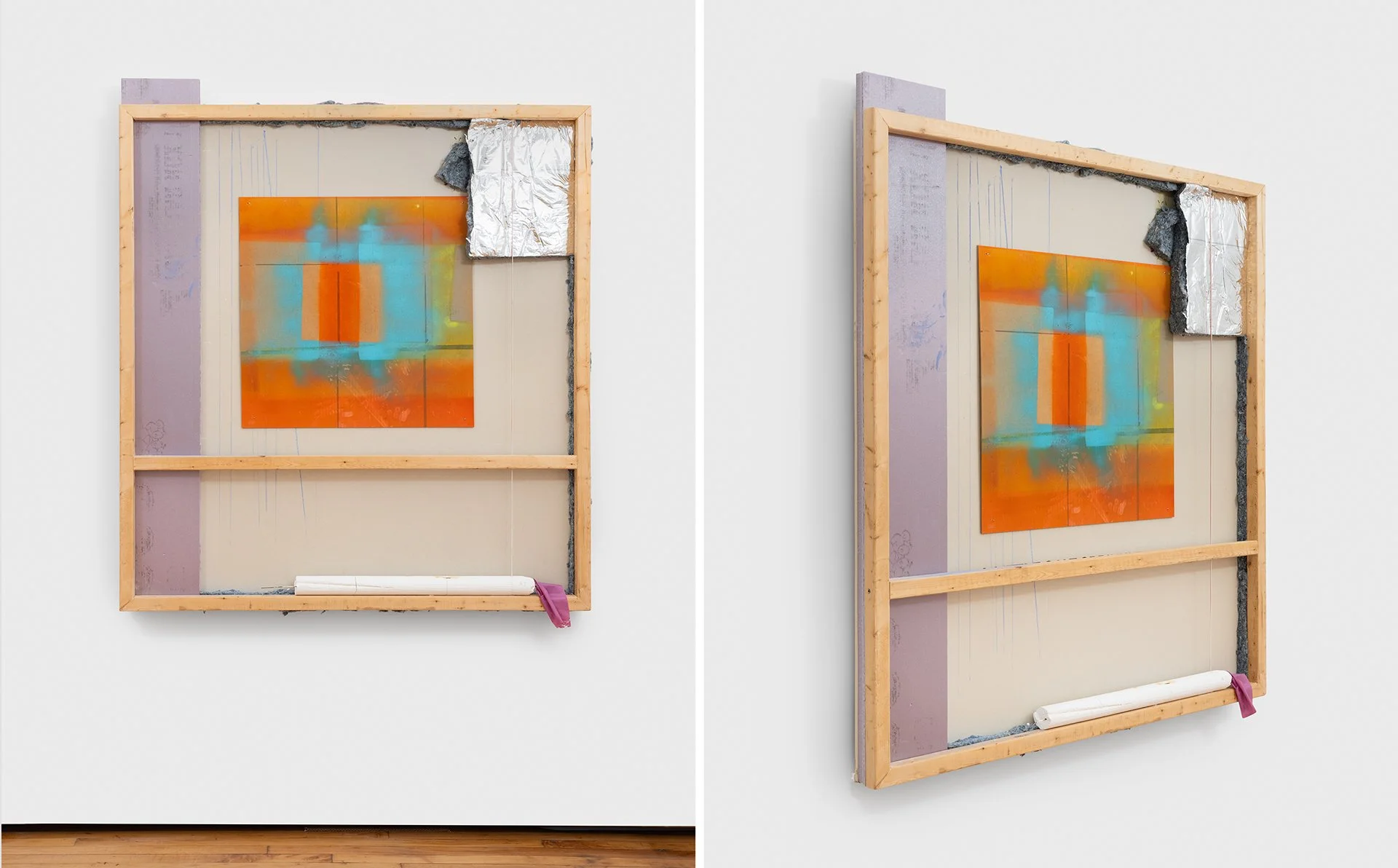    Bullseye  , 2024 drywall, dimensional lumber, rigid foam insulation, recycled denim, marking paint overspray on cardboard, plaster, locator flag, builder's chalk, vinyl lettering 54.5”h x 48”w x 4.5”d 