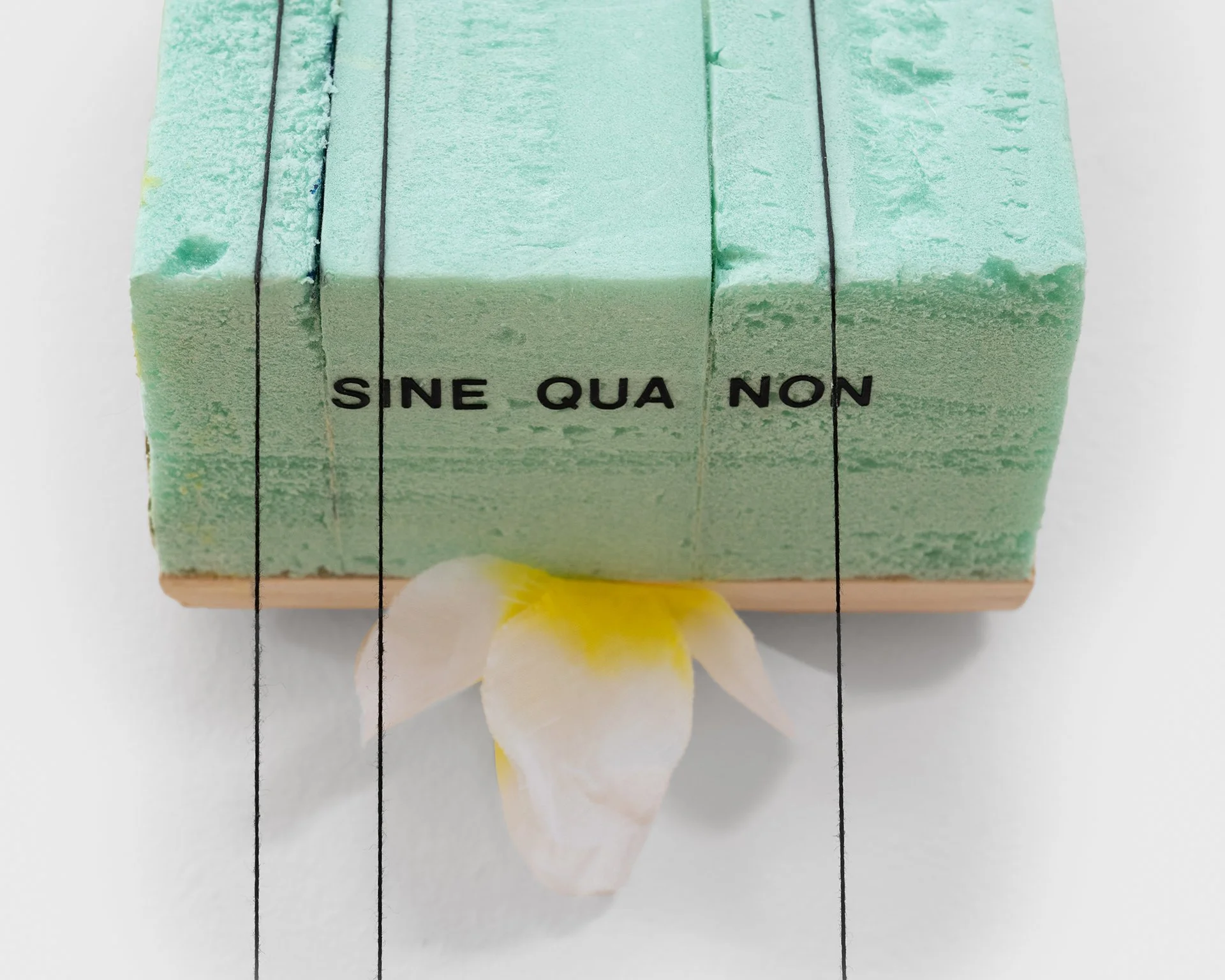    Castor and Pollux  , 2025 (detail) Baltic birch plywood, rigid foam insulation, drywall, string, hardwood, fabric mesh, artificial flowers, vinyl lettering 10.5”h x 5.5”w x 3.5”d 