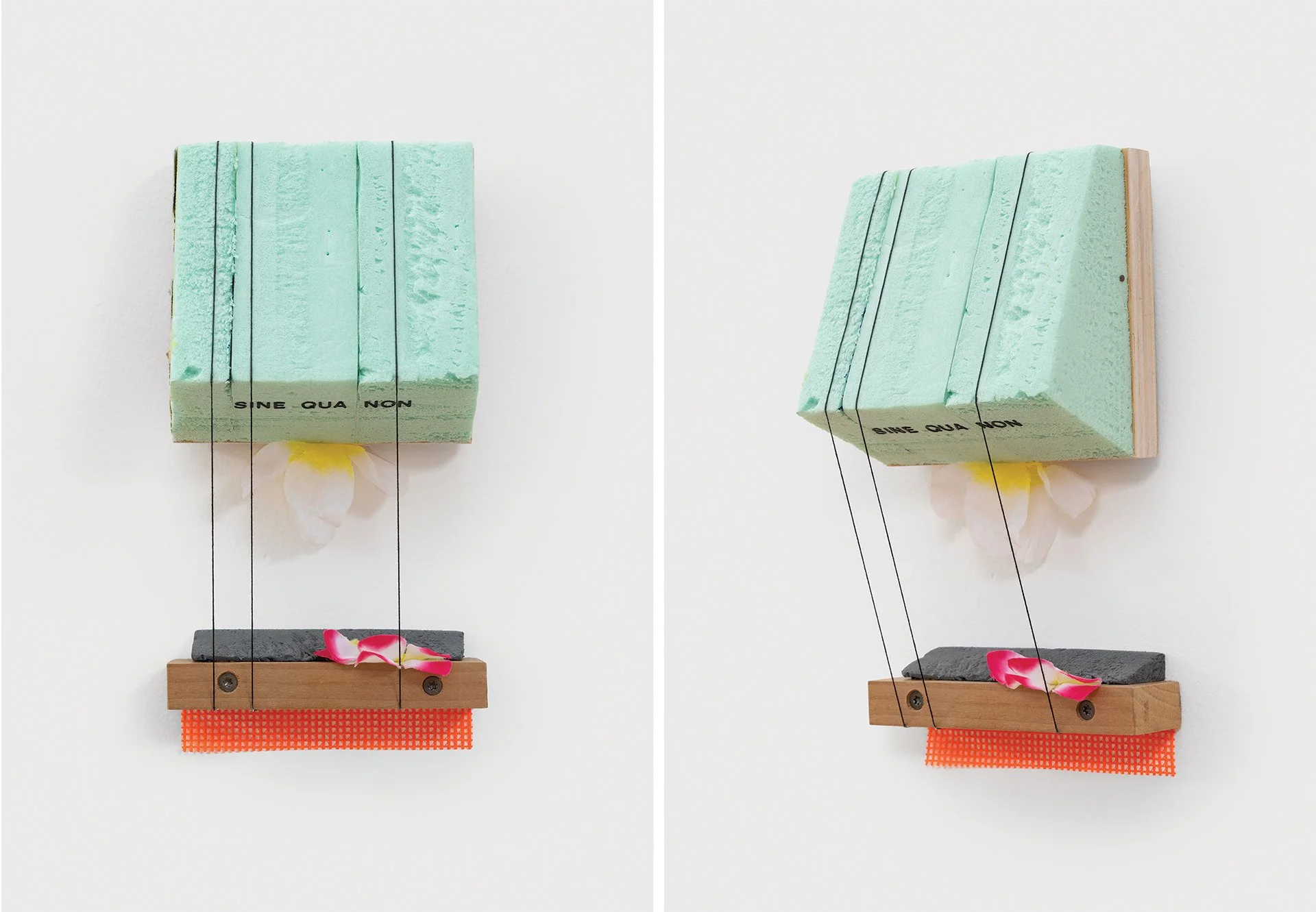    Castor and Pollux  , 2025 Baltic birch plywood, rigid foam insulation, drywall, string, hardwood, fabric mesh, artificial flowers, vinyl lettering 10.5”h x 5.5”w x 3.5”d 