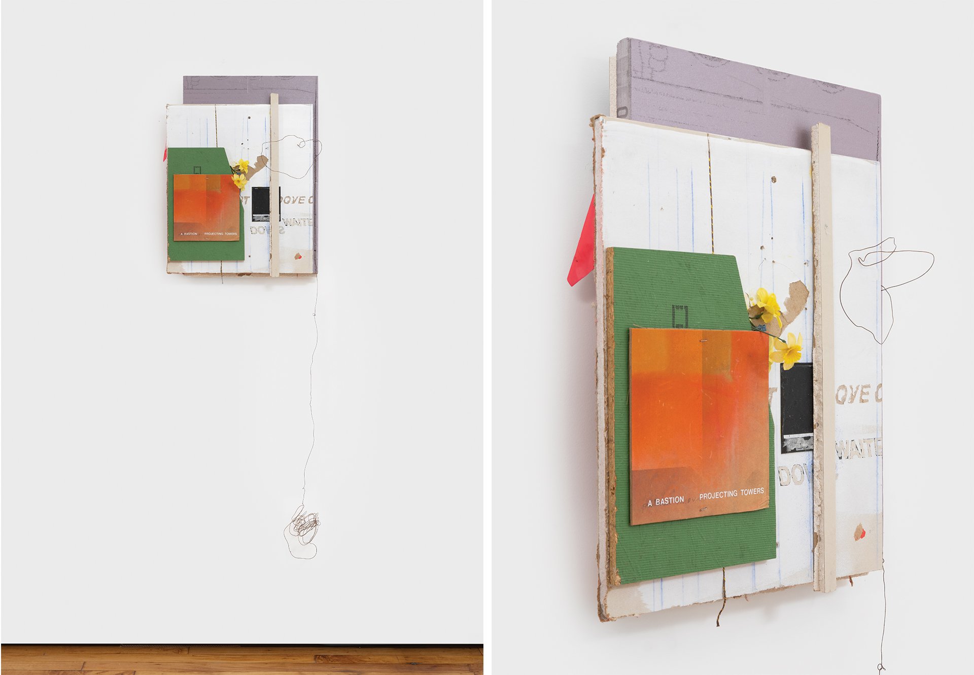    Danäe  , 2025 drywall, rigid foam insulation, cardboard, OSB sheathing, vinyl, copper wire, string, artificial flowers, spray paint, PVC primer, chalk, staples, locator flag 60”h x 19”w x 5.5”d 