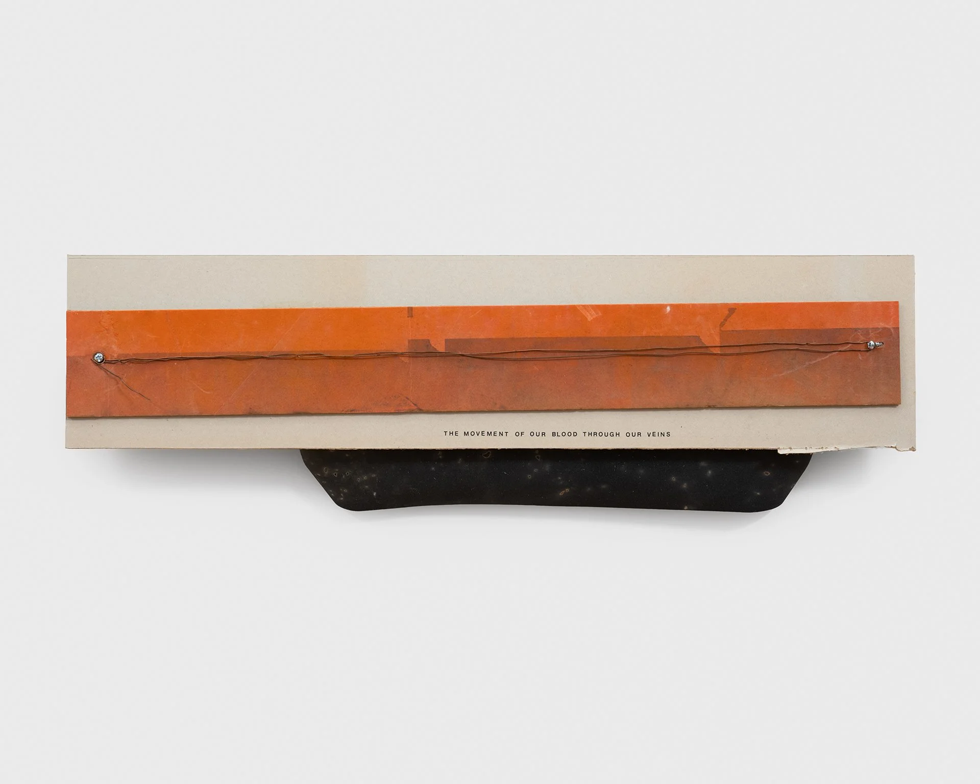    Every Cowboy on the Sunset Strip  , 2025 marking paint overspray on cardboard, drywall, wire, screws, dry transfer lettering, abraded sandpaper 8”h x 25”w x 2”d 