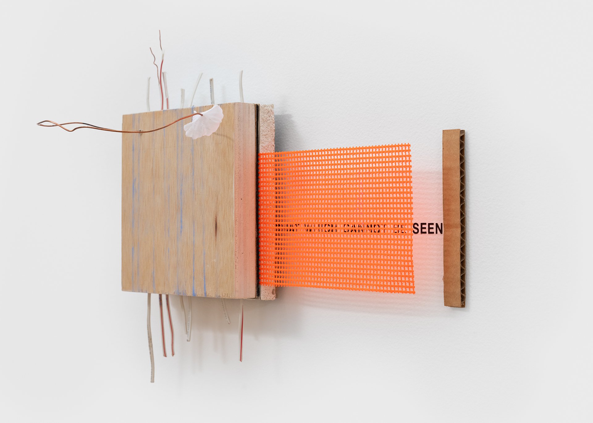    Hot Cage  , 2025 Baltic birch plywood, thermostat wire, fabric mesh, drywall scrap, foam, chalk, cardboard, artificial flower petal, vinyl lettering 10”h x 12”w x 6”d 