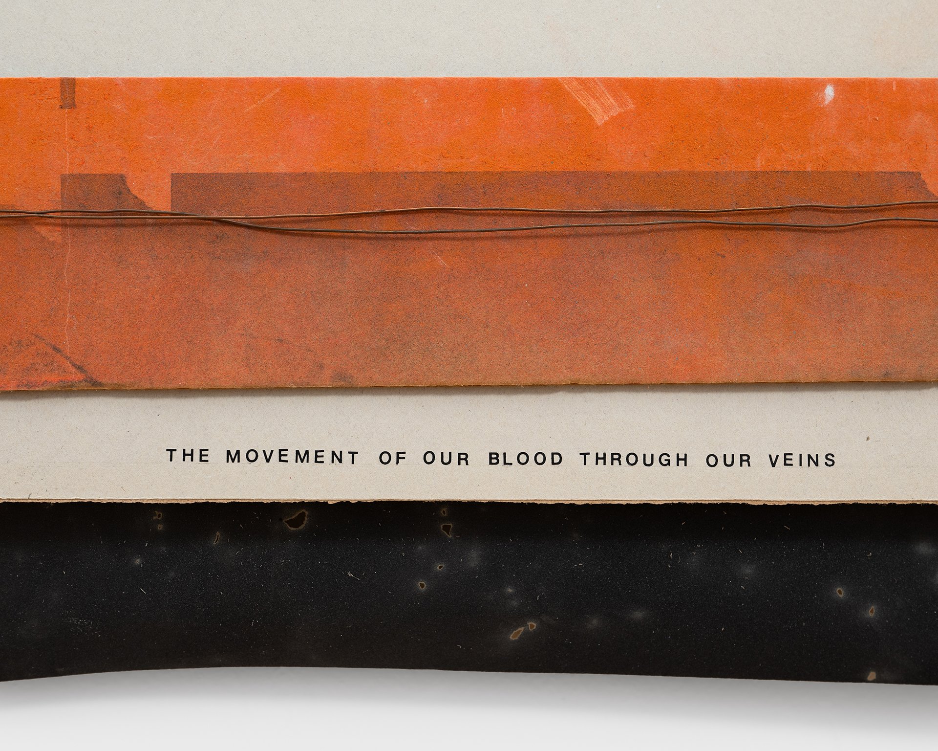    Every Cowboy on the Sunset Strip  , 2025 (detail) marking paint overspray on cardboard, drywall, wire, screws, dry transfer lettering, abraded sandpaper 8”h x 25”w x 2”d 