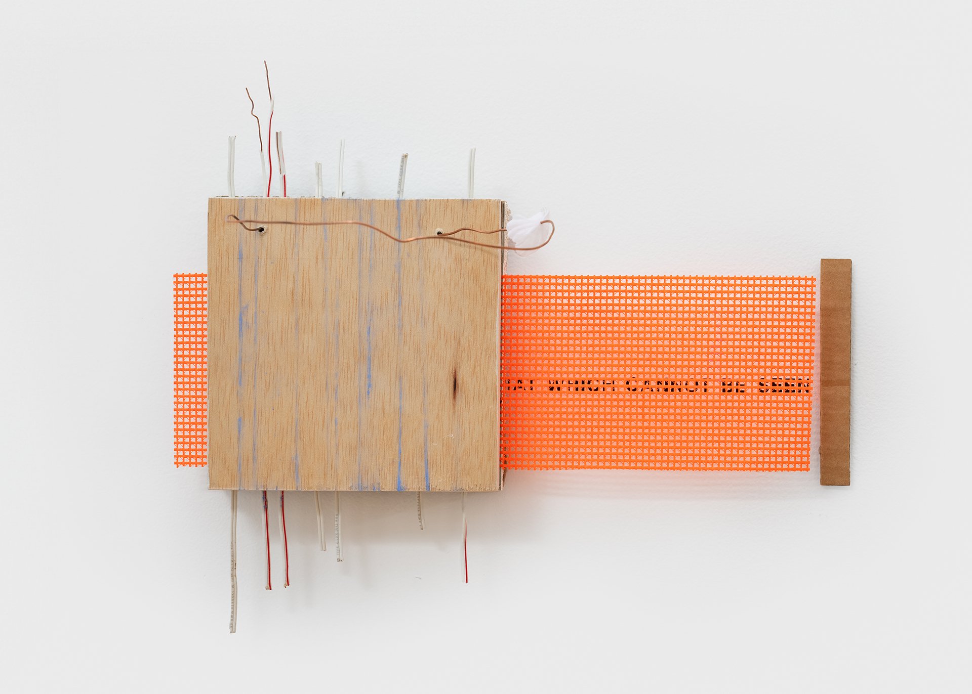    Hot Cage  , 2025 Baltic birch plywood, thermostat wire, fabric mesh, drywall scrap, foam, chalk, cardboard, artificial flower petal, vinyl lettering 10”h x 12”w x 6”d 