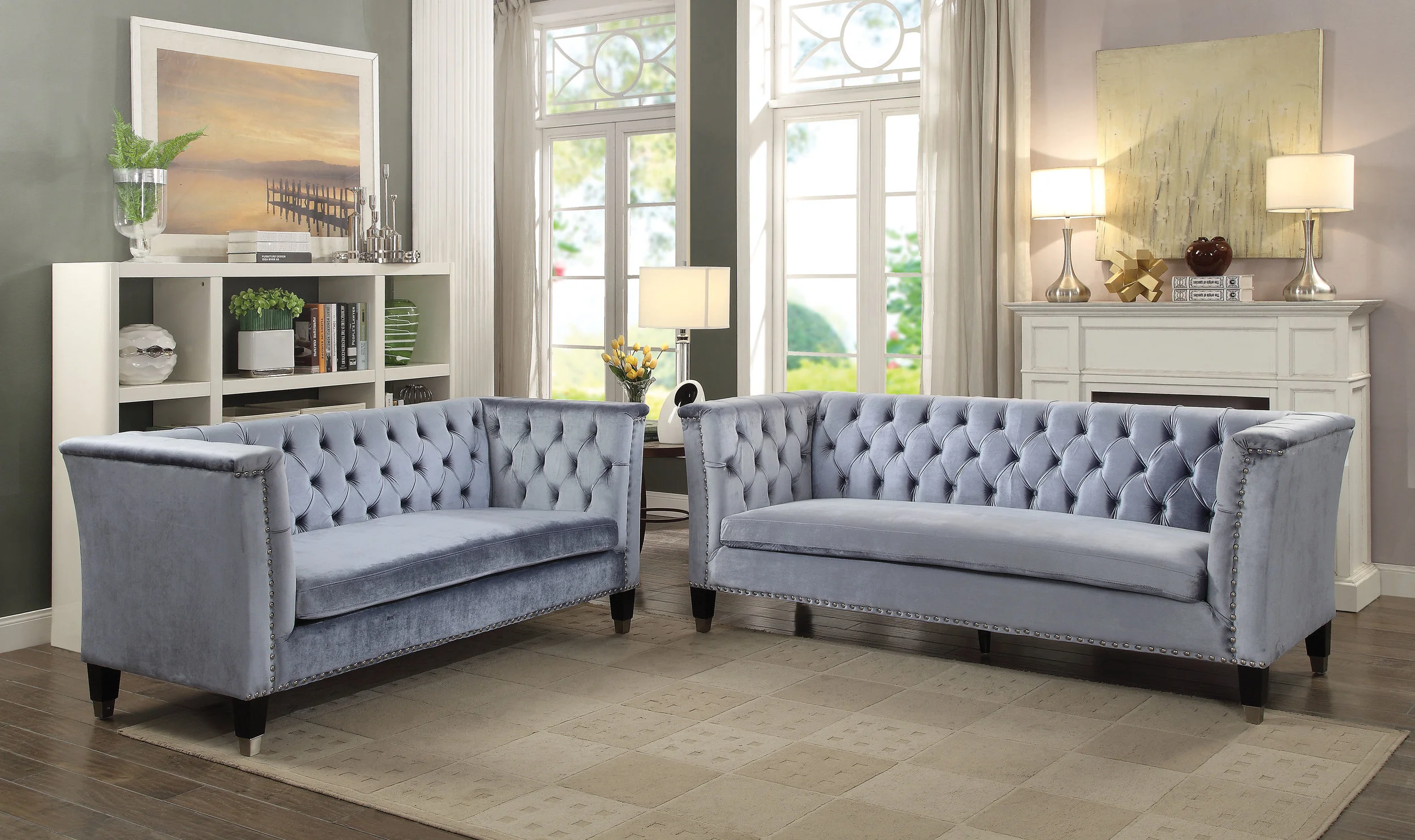 light grey velvet sofa and loveseat