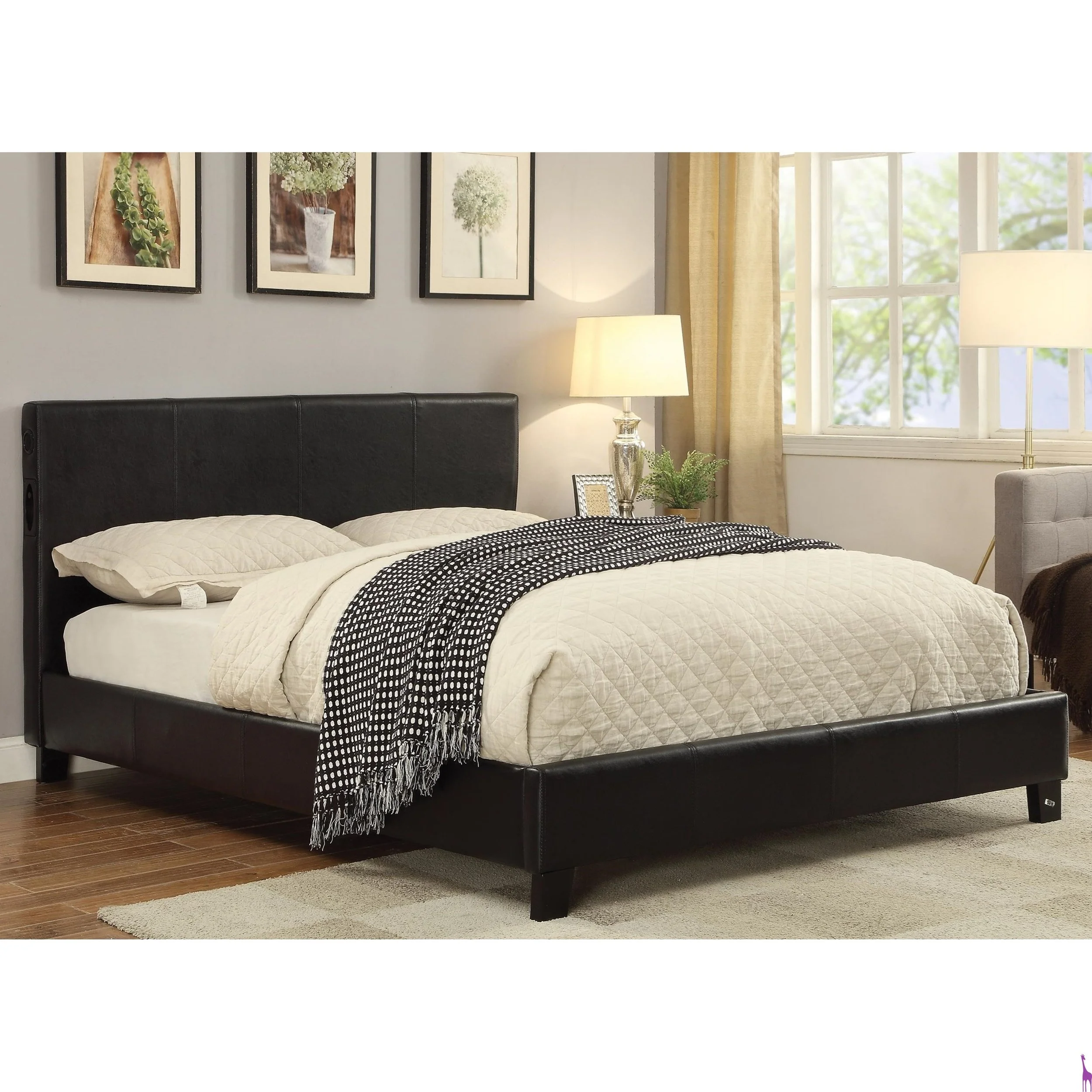 Modern Upholstered Bed with Bluetooth Speakers