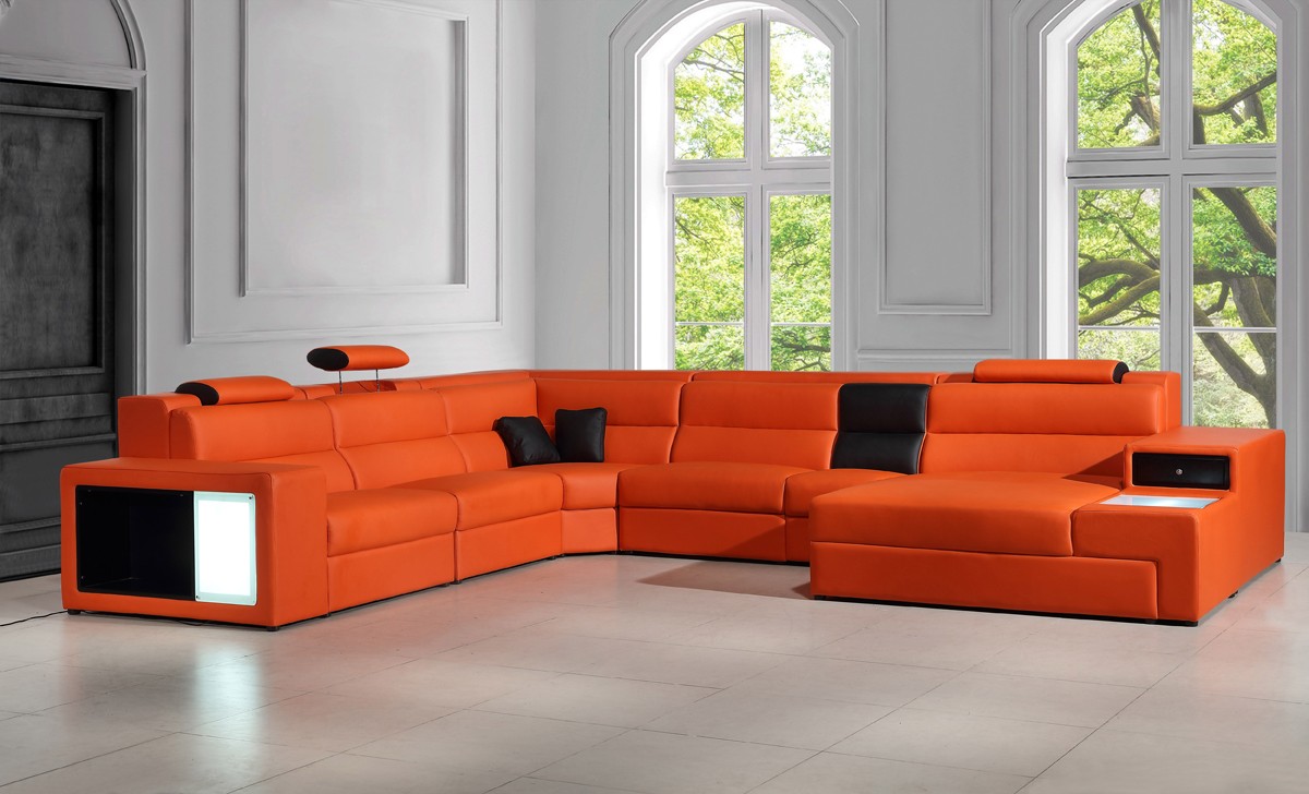 Lucca Orange Italian Sectional, Leather Sectionals Miami