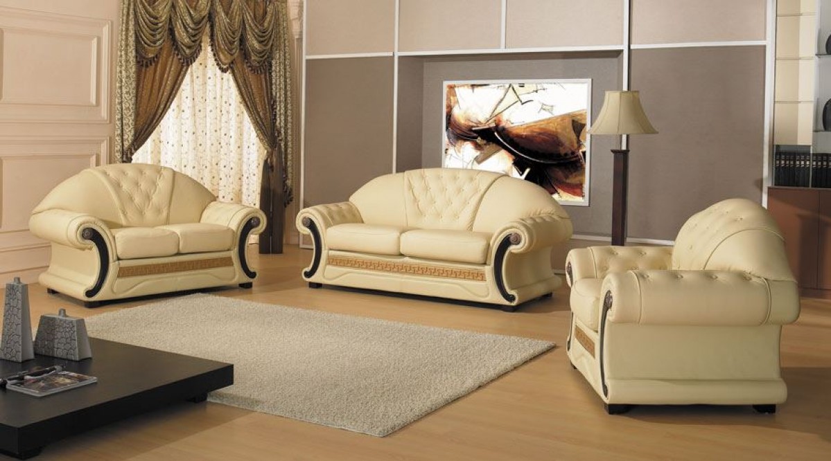Traditional Italian Leather Set, Traditional Cream Leather Sofas