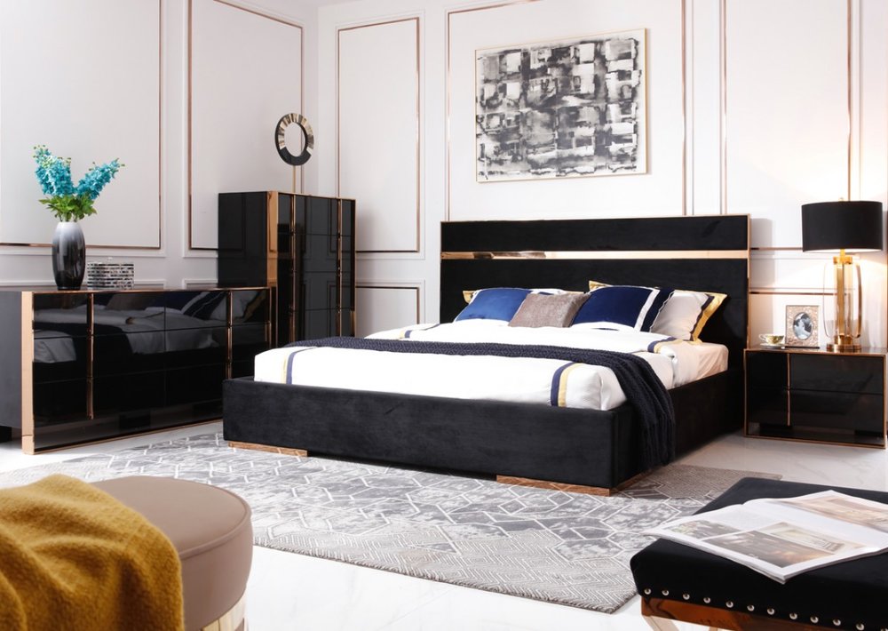 Modern Black And Rosegold Bedroom Set, Black And Gold Nightstand Dresser Set