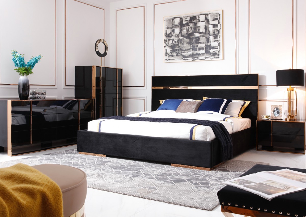 Modern Black And Rosegold Bedroom Set, Rose Gold Headboard Queen