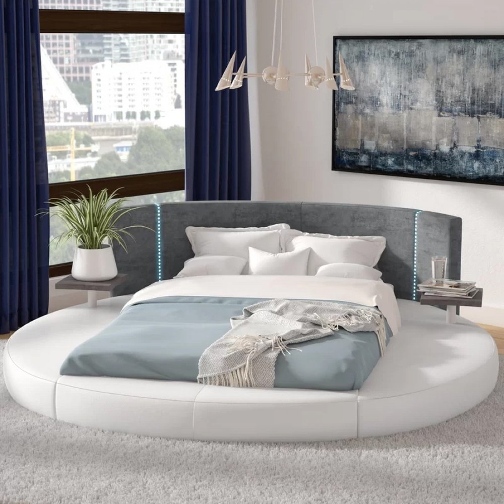 Modern Eco Leather Bed With Led Lights, Round Bed With Led Lights