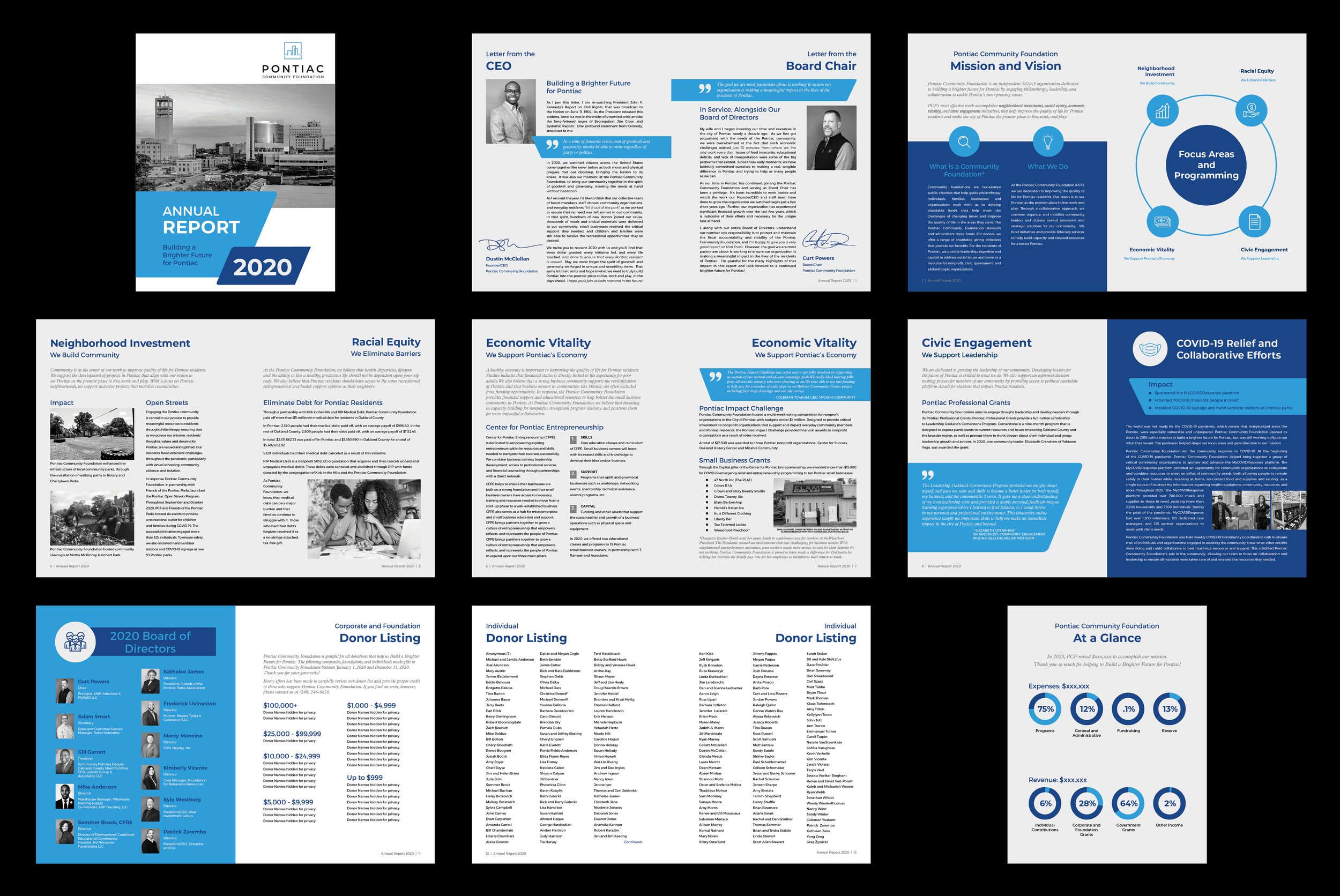 PCF Annual Report Booklet – 16 page booklet design with icons and financial graphics