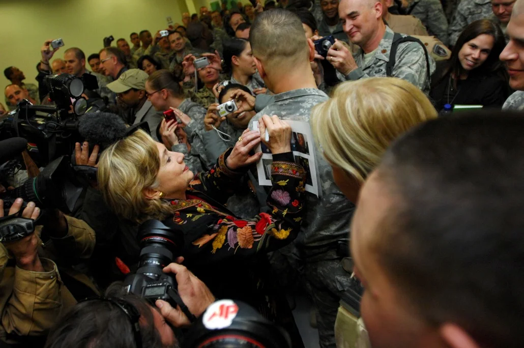 Secretary of State Clinton greets US servicemen at the US Embassy in Kabul, Afghanistan.