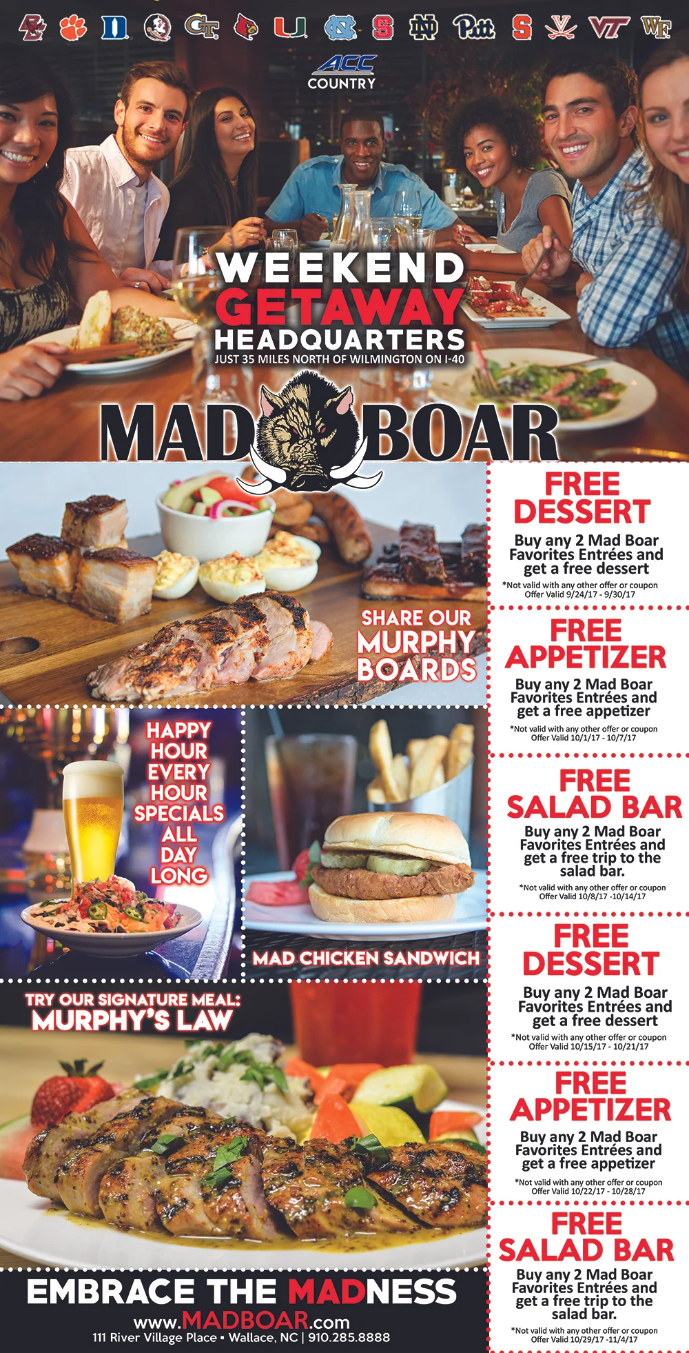 Print out these coupons and bring with you on your next visit to Mad Boar in Wallace!