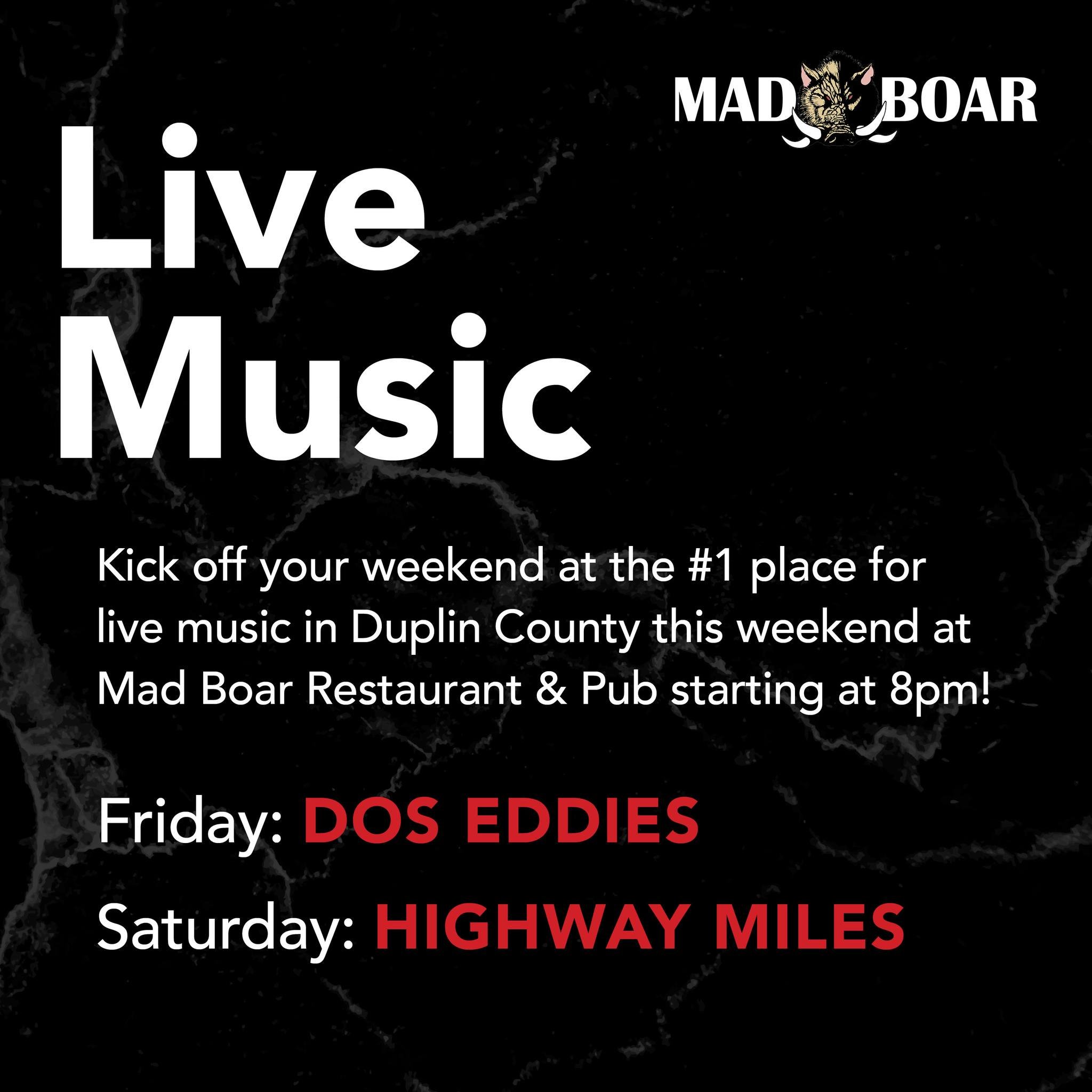Looking for some live music excitement? 🎤 Mad Boar has you covered! Join us for Dos Eddies on Friday and Highway Miles on Saturday, starting at 8pm.

#livemusic #supportlocalmusic #localband #madboarnc #wallacenc #music #livemusicvenue
