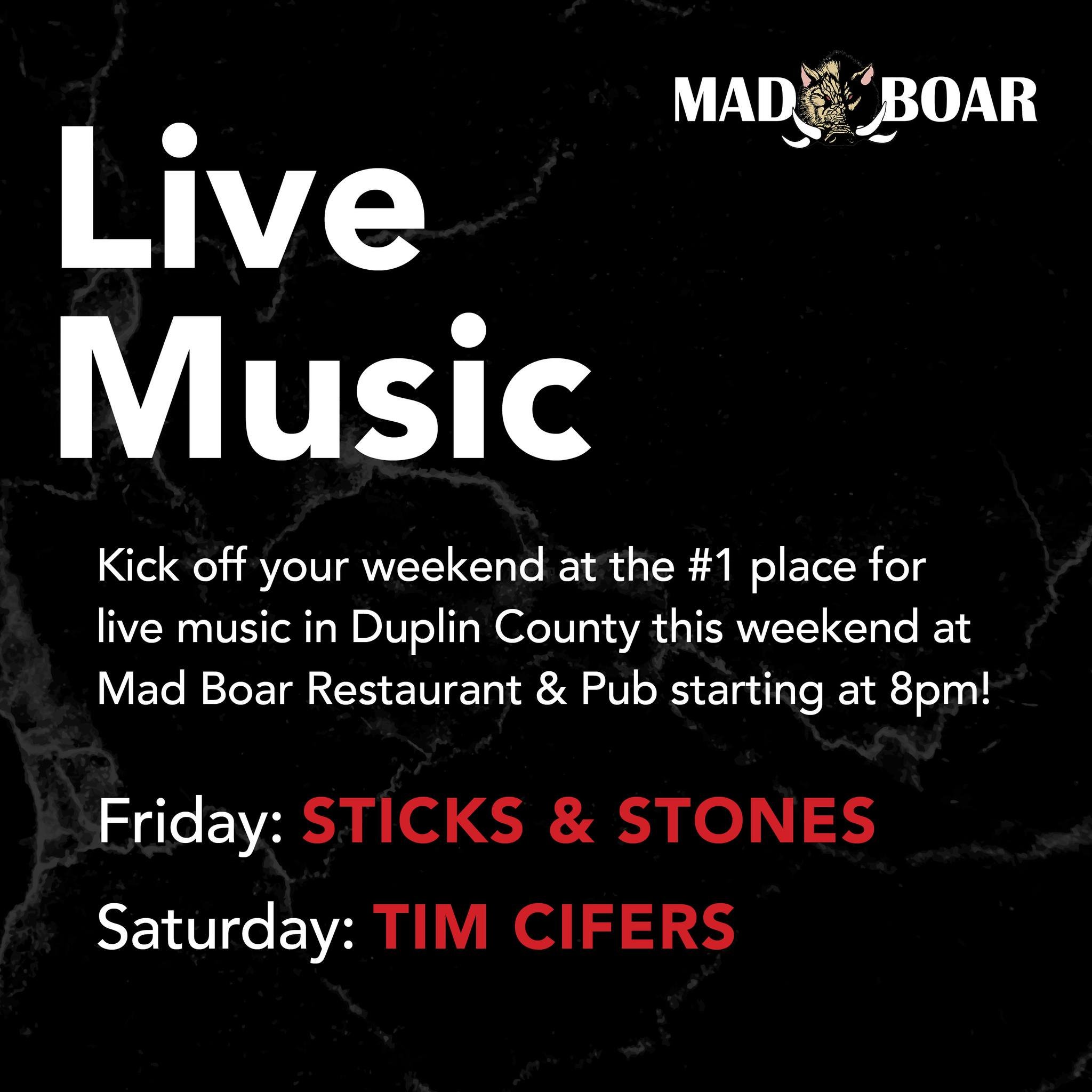 Get ready to dance, sing, and enjoy delicious food this weekend at Mad Boar! Sticks &amp; Stones and Tim Cifers are bringing the heat with live performances you won't want to miss. See you there!

#livemusic #supportlocalmusic #localband #madboarnc #